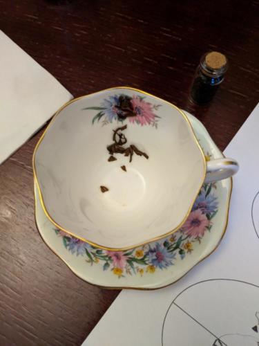 The tea leaves tell a story, a Margaret Baxter led students to learn about interpreting the meaning.